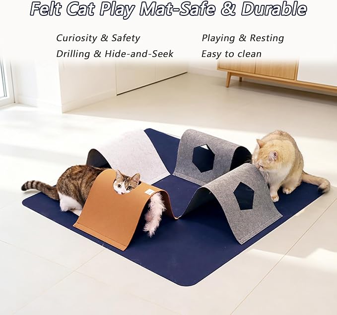 Cat Tunnel Mat for Indoor,4-Way Felt Cats Play Mat Cat Cave for Hide & Seek | Furphoria 39.4" Large Cat Tunnel with 6 Pcs Toys Set Interactive Cat Enrichment for Foldable Kitten Tunnel (Navy Blue)