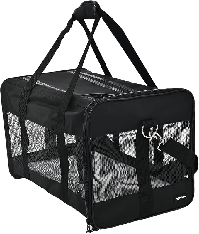 Amazon Basics Airline Approved Soft-Sided Mesh Pet Travel Carrier with Shoulder Strap, Removable Washable Fleece Pad, Top Opening, Ventilation for Dog, Cat, up to 22 pounds, 19.7Lx12Wx12H in., Black