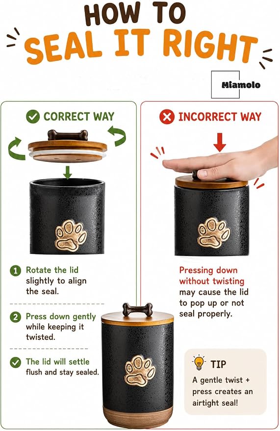 Miamolo Dog Treat Container Airtight Seal, Training Dog Treat Jar with Lid | 8 Cups, Cast-iron Handle | Ceramic Dog Food Storage Container, Rustic Pet Cookie Jar, Gift for Dog Lovers | Paw Dotted Black