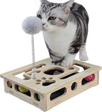 Cat Nail File Scratcher - Solid Wood Puzzle Enrichment Box for Indoor Cats | Interactive Cat Puzzle Box with Cat-Safe 100 Grit Pad for Cat Claw Care,4 Bell Balls, Spring Teaser,Tool-Free, Splinter-Free