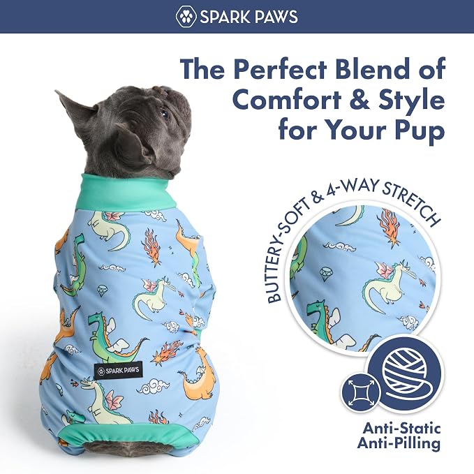 Spark Paws Dog Pajama, Dog Recovery Suit Male, Onesie, Ultra-Soft and 4-Way Stretch, for Small Medium and Large Breeds - Dragons - S