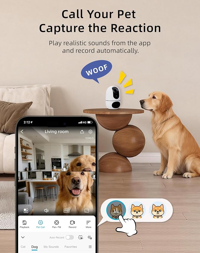 VIRTAVO Pet Camera Indoor WiFi 6, No Subscription, for Dogs Cats | Dual Band 2.4/5GHz, 360° Auto Tracking, Pet Call, Dual Lens, 2-Way Audio, Night Vision, SD & Cloud, Wired