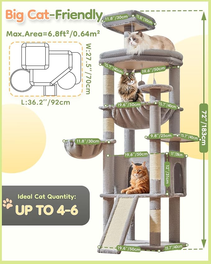 Taoqimiao Cat Tree for Large Cats, 72In Tall Cat Tower, Giant Platform | Widened Cat Condo with Large Scratch Board, 5 Scratching Posts, Metal Frame Hammcock, Cozy Basket, Light Gray, MS045W