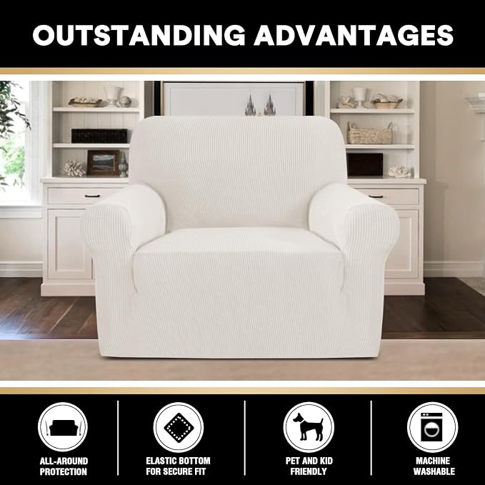Stretch Chair Cover Chair Slipcovers with Arms 1-Piece Chair Sofa Slipcovers or Living Room Non Slip Armchair Cover Furniture Protector Dogs Pet Friendly(Armchair,Porcelain)