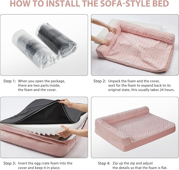BFPETHOME Orthopedic Washable Dog Bed, Sleeping Couch for Large Senior Dogs | 30x20 Inch Deluxe Plush Rose Velvet Washable Cover, Egg Crate Foam Support, Waterproof Lining, Non-Slip Bottom, Pink