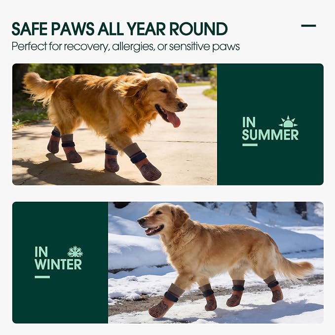 Kuoser Non Slip Dog Socks for Hardwood Floors, Anti-Slip Dog Grippy Socks to Prevent Licking Paws, Double-Sided Traction Dogs Booties Paw Protectors for Small Medium Large Senior Dogs, 4 Pack-Brown L