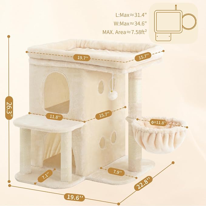 Heybly 26.3" Cat Tree for Large Cats with Big Perch & Dual Condos HCT204SM | 26.3-inch Spacious Cat Tower with Scratching Posts, Stair-Style Cat House Furniture with Cozy Basket & Pompom, Beige