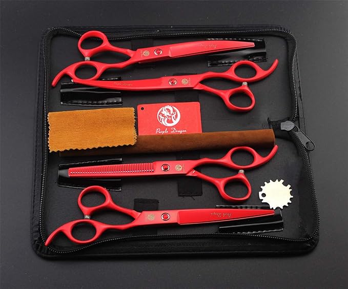 Purple Dragon 7.0 inch Dog Grooming Scissors Set with Silencer - Red | 4PCS Pet Grooming Shears Kit, Includes Curved, Straight & Thinning Scissors with Smooth Cutting and Comfortable Grip