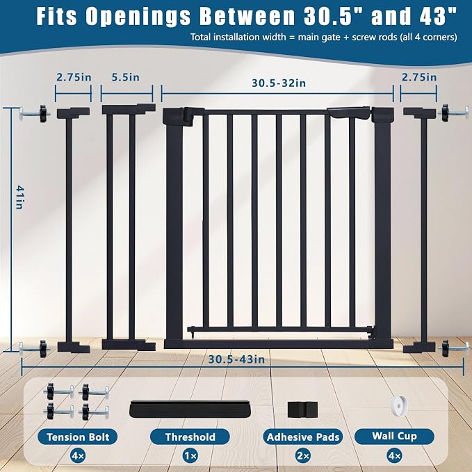 Rgqphantom 41" Tall Safety Pet Gate,Adjustable 30.5"-43" Wide (Black) | Auto Close Cat Gate Suitable for Stairs,Doorways,White, Pet Safety Barrier