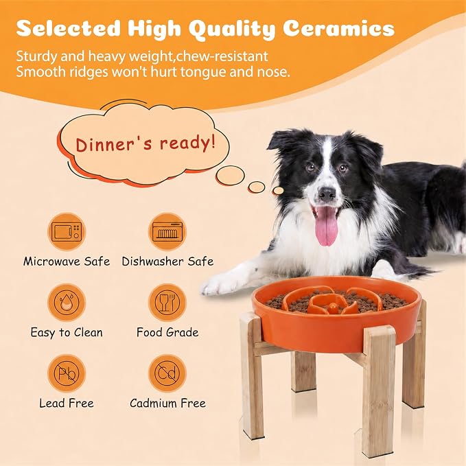 Elevated Slow Feeder Dog Bowl, 8.8" Ceramic Maze Dog Bowl with Stand | 3.2 Cups Slow Feeding Dog Dish for Fast Eaters, 7" Tall Anti-Slip Raised Slow Feeder for Medium to Large Breeds, Orange