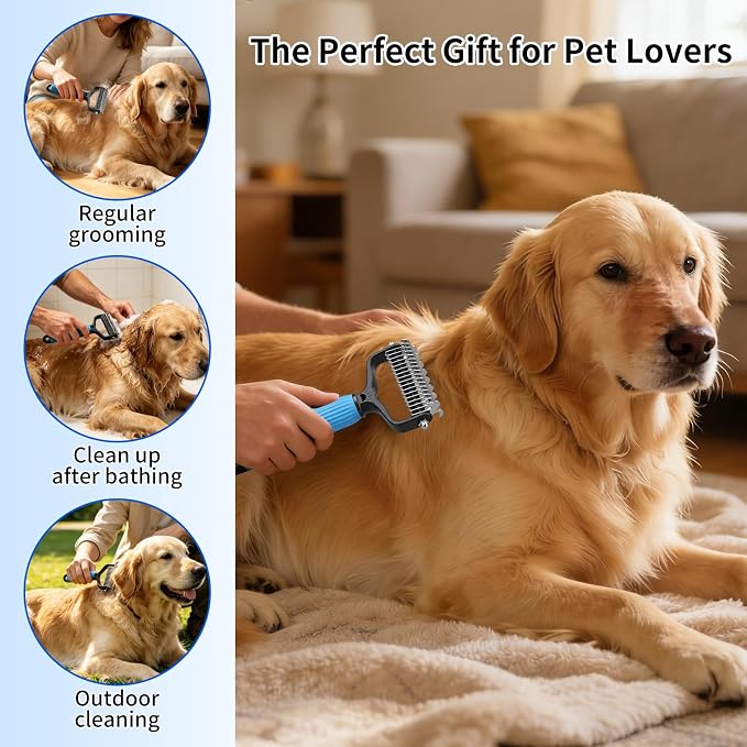 Pet Dematting Comb, 9+17 Tooth Rake with 2 Finger Toothbrushes | 9+17 tooth comb | 2 finger toothbrushes | 2 storage cases | dogs and cats