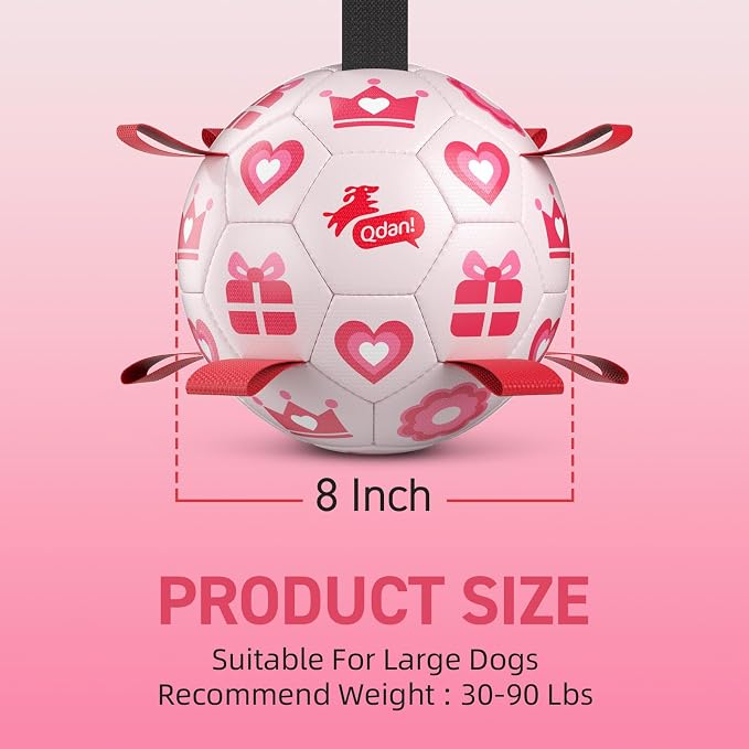 QDAN Valentines Gift Dog Toys, 8 Inch Dog Soccer Ball with Straps, Pink | Interactive Tug of War Toy, Puppy Birthday Gifts, Water Toy, Durable Dog Balls for Medium Large Dog, Outdoor Herding Balls