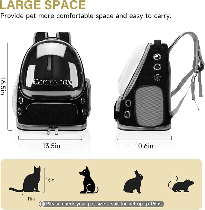 Cawypety Cat Backpack Carrier Large Space Bubble Backpack up to 12lbs Black | Breathable Mesh, Safety Leash, Sturdy, Transparent & Foldable Pet Carrier for Travel Hiking, Pet Backpack for Kitty Small Dog