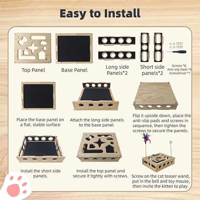 Cat Toys, Cat Scratcher Puzzle Enrichment Box - Wooden Cat Nail File with 2 Catnip Mice & 2 Balls & 2 Wand, Interactive Cat Toy Treat Maze for Indoor Cats, Stress-Free Cat Scratch Box That Trim Nails