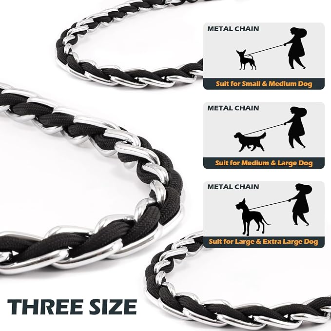 S-ETOVUS-Chain Dog Leash, Bite-Proof Metal Leash, with Padded Handle，Black | Three Sizes 7.25FT/5.2FT/4FT, Woven From Nylon Rope And Chain, Durable And Bite-Resistant, Comfortable With Padded Handles