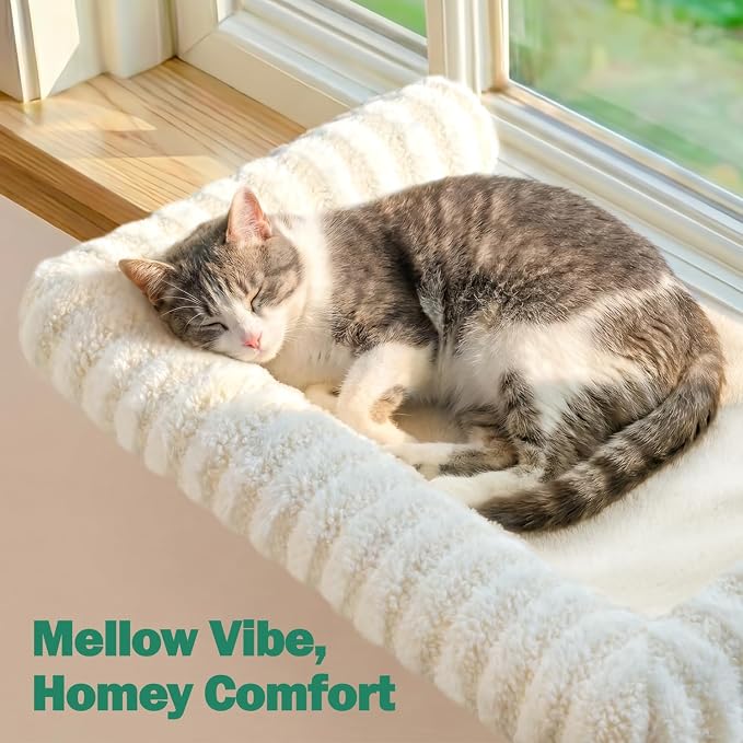 Zakkart Mellow Cat Perch for Windowsill, Hook-On or Screw-On Installation Pet Window Perch, Machine Washable Bed, Heavy Duty Cat Hammock Shelf for Large Cats, Holds up to 40 lbs (Beige, Large)