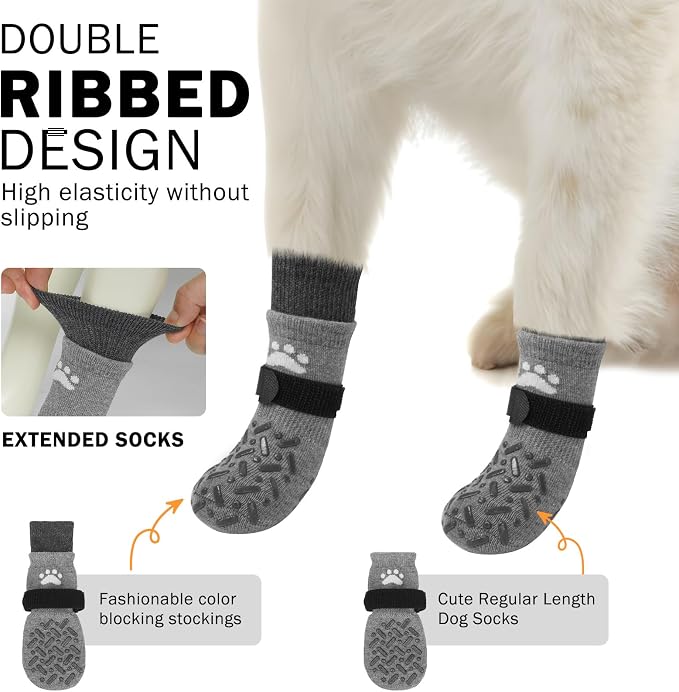 SCENEREAL Dog Socks to Prevent Licking Paws for Hot/Cold Pavement, Anti Slip High Top Dog Grip Socks for Hardwood Floors, Dog Shoes Booties&Paw Protector for Small Medium Large Senior Dog, Grey L