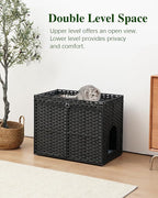 SETVSON Cat Litter Box Enclosure Furniture, Hidden PE Rattan, Black | Large Double-Door PE Rattan Kitty House, Fits Large Covered Litter Boxes, 2 Litter Mats, 2 S-Hooks, Metal Frame