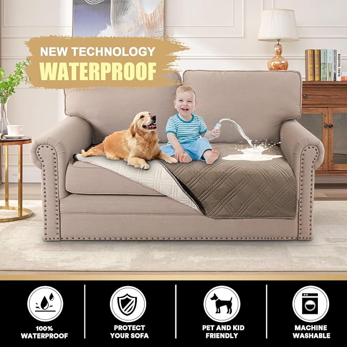 Waterproof Sofa Bed Cover Washable，Thick Loveseat Couch Covers for 2 Cushion Couch Sofa Pet Friendly, Pet Couch Covers Furniture Protector for Dogs Cats ((Taupe,40x48 Inch)