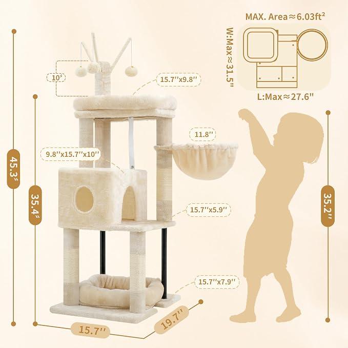 Heybly Cat Tree, 45.3" Cat Tower for Indoor Cats with Large Perch HCT202SM | All-in-One Cat Furniture with Cozy Bed, Hidden Space Cat Condo, Comfy Hammock, Scratching Posts & 3 Pompoms, Beige