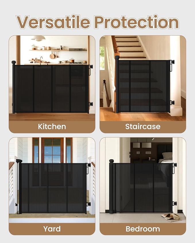 Retractable Baby Gate, Up to 55" Wide Reinforced Retractable Gate | 4 Fiberglass Support Rods for Extra Stability, Fully Retractable Design, 34" Tall for Stairs, Hallways & Doorways, Black