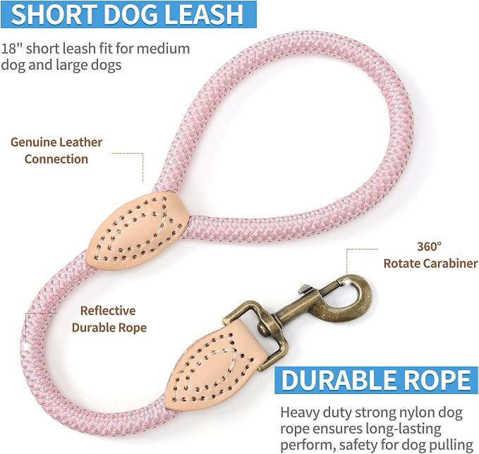 Mile High Life Short Dog Leash with Genuine Leather Connection, 4/5/6 FT | Rope Leash, Heavy Duty 360° Swivel Metal Clasp, for Small Medium & Large Dogs Walking (Pink, 18 Inch)