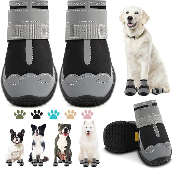 Dog Boots for Large Dogs, Medium Dog Boots & Paw Protectors for Hardwood Floors, Outdoor Dog Booties for Hot Pavement Winter Snow Hiking, Dog Shoes with Reflective Strips
