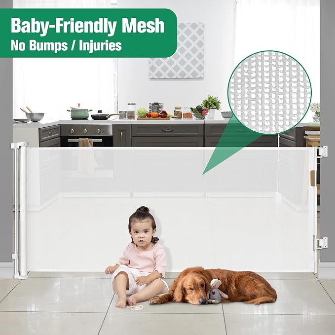 KISKIZ 110 Inch Extra Wide Retractable Baby Gate for Large Openings, White | Indoor & Outdoor Retractable Dog Gate for Doorways, Hallways, Decks, Patios, Keeps Kids & Pets Safely Contained, Easy Install