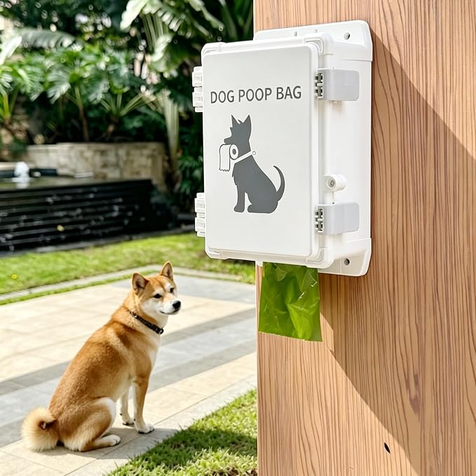 Dog Poop Bag Dispenser,Wall-mounted Waterproof Pet Waste Bags Dispenser Holds Up to 8 Rolls of Waste bags，Outdoor Wall, Stake, Pole, Fence Mounted, Fits Home, Porch, Lawn, Yard (only dispenser)
