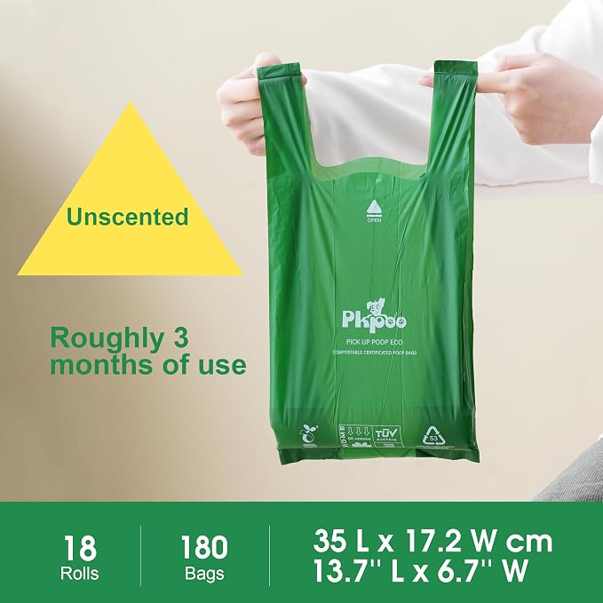 Pkpoo 100% Compostable Dog Poop Bags with Handles, Extra Wide, Vegetable-Based Large Poop Bags for Dogs, Biodegradable Waste Bags for Poo, Cat Litter, Diaper Sacks, Unscented, 180 Counts