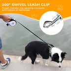 ILOMAX 360° Tangle-Free Retractable Dog Leash Built-in Waste Bag Dispenser Under Handle 2 Rolls Poop Bags Included Heavy Duty Tape Leash for Dogs up to 50kg Carry Pouch Included (White, XL)