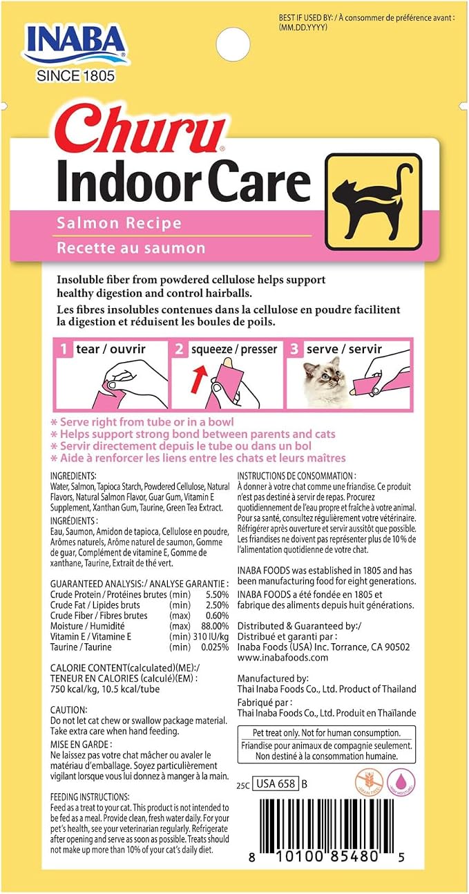 INABA Churu Indoor Care for Hairball Control, Functional Lickable Cat Treat with Taurine & Green Tea Extract, 0.5oz Each, 24 Tubes Total, Salmon Recipe