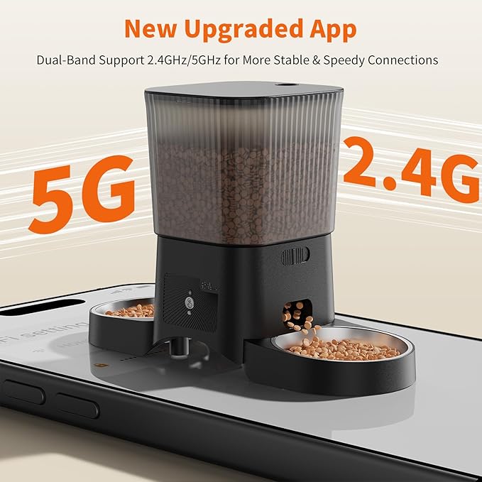 HoneyGuaridan Automatic Cat Feeder for 2 Cats,2.4G/5G WiFi APP Control | Dual Cat Food Dispenser for Multiple Cats,2 Stainless Steel Bowls & 2 Slow Feeder Anti-Choking Bowls, Dual Power