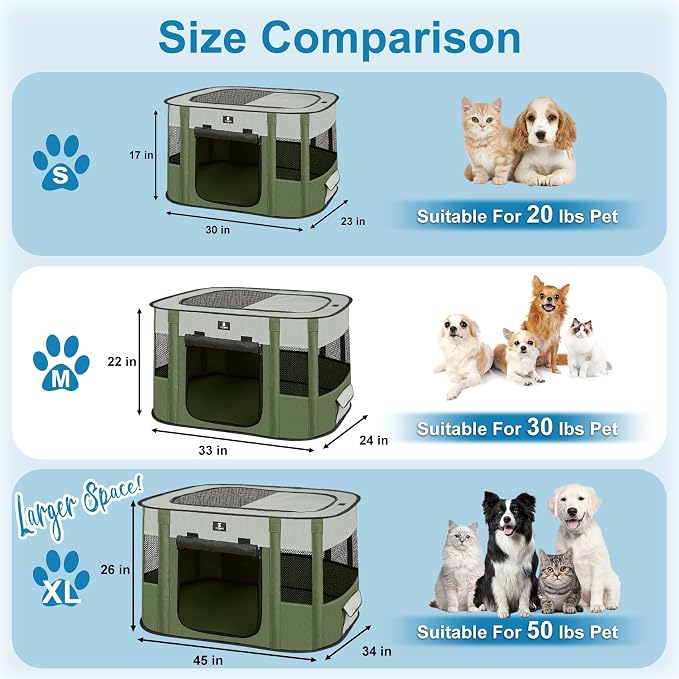 X-ZONE PET Dog Playpen, Puppy Cat Play Pen Portable Foldable Indoor/Outdoor Tent Crate Cage, Portable Pet Crate Medium Size Green 33"