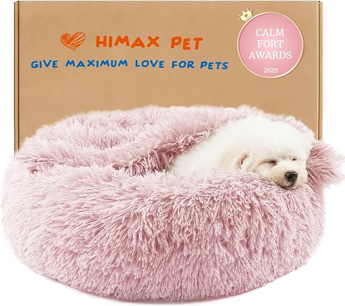 Himax 20in Covered Small Dog Bed with Blanket Attached Calming Burrow Pink | Dog Beds for Small Dogs, Anti-Anxiety Donut dog bed with cover, Washable Round Fluffy Pet Beds