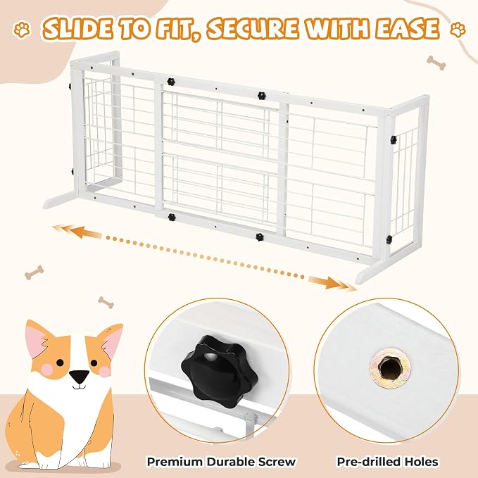 Coziwow 38" -67" Dog Gate Indoor, Pet Gates for Doorways No Drilling, Wooden Free Standing Doggie Fence for Stairs, Safety for Small to Medium-Sized Dog,White