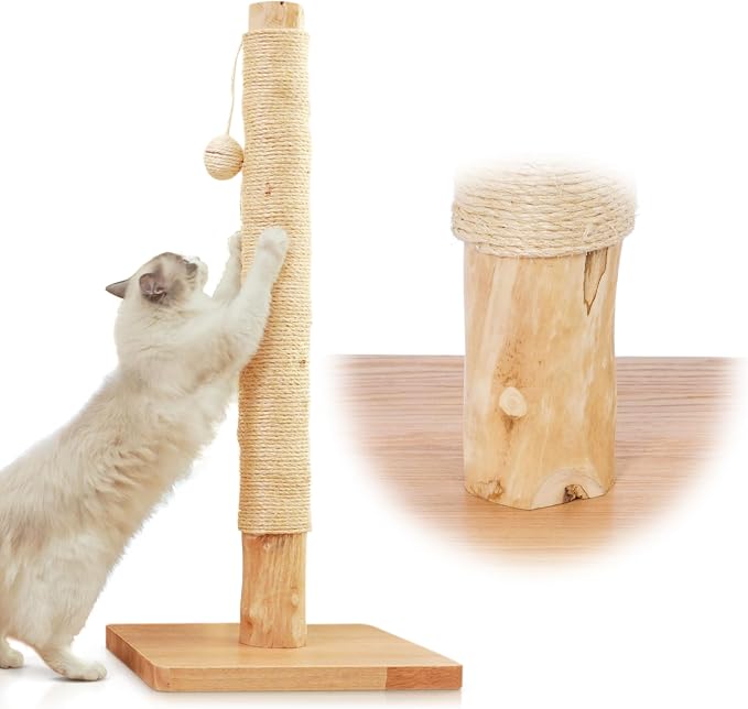 35" Solid Wood Cat Scratching Post, Stop Replacing Cheap Post | 18 lb Heavy Build, Natural Pear Tree Trunk, Beautiful Raw Look, RubberWood Base with Oak Veneer, 1-Year Free Rope Replacement