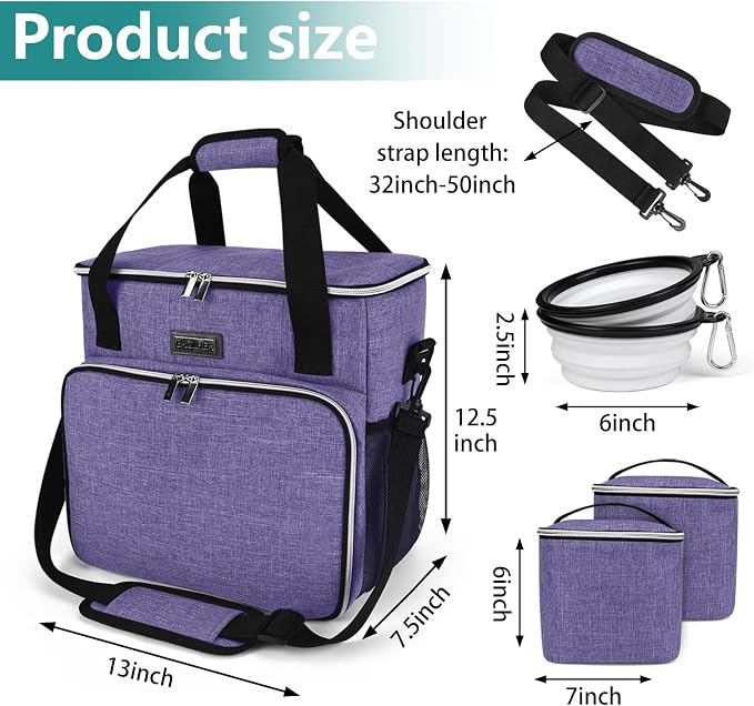 BAGLHER Dog Travel Bag, Pet Travel Bag (ALL Pet Travel Supplies), With 2 Pet Food Containers and 2 Collapsible Silicone Bowls; Essential Kits for Pet Travel Purple