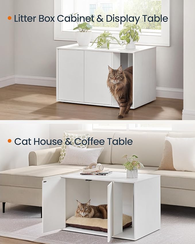 SONGMICS HOME Cat Litter Box Enclosure, Snapsemble Superfast Assembly, Litter Box Furniture for Large Cats, Display Side Table, Push-to-Open Doors, Minimalist Modern, Snow White UPCL013W01