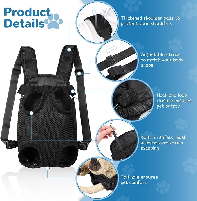 YUDODO Pet Dog Carrier Backpack Adjustable Front Carrier for Small Dog Cat | Legs Out Design, Easy-Fit Travel Backpack, Hiking and Walking, Durable Comfortable, Perfect for Outdoor, Black, M
