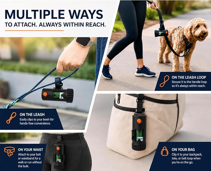 Smart Hands-Free Poop Bag Holder With Rechargeable LED Light No Batteries to Replace The Ultimate Pet Gift Unique Retracting Function Small Durable Lightweight Comes With 15 bags and Charging Cable