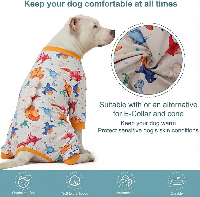 LovinPet Large Dog Pajamas, Four-Leg Stretch Onesie Bodysuit, Lightweight UV-Shielding Pajamas, Anti-Lick Calming Recovery Suit for Surgery, 3D Dino Egg Spikes, Easy on/Off， White， 3XL