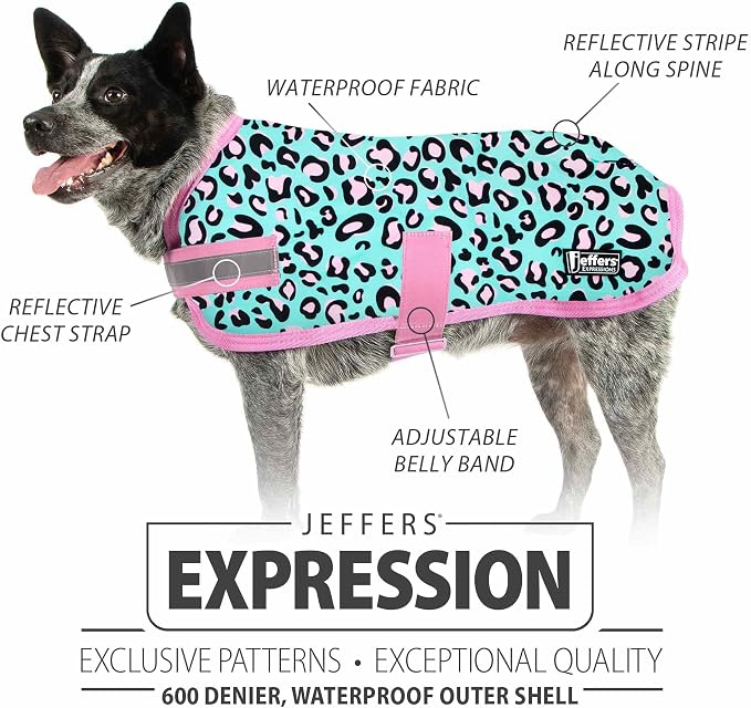 Jeffers Expression Dog Coat Waterproof Ripstop Winter Jacket 18" – 240g Insulated Blanket, Adjustable Belly & Chest Straps, Reflective Strips, Small to Large Breeds, Outdoor & Travel - Party Cheetah