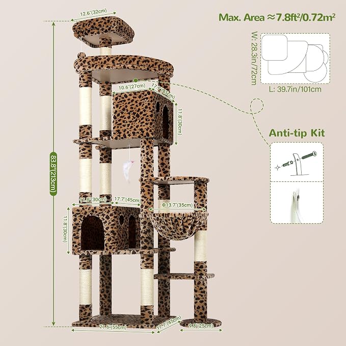 Globlazer Giant Cat Tree, 83 inch Cat Tree for Indoor Cats Large Adult, XXL Cat Tower with 9 Scratching Posts for 20lb+ Heavy Duty Large Adult Cats, F83, Leopard Print