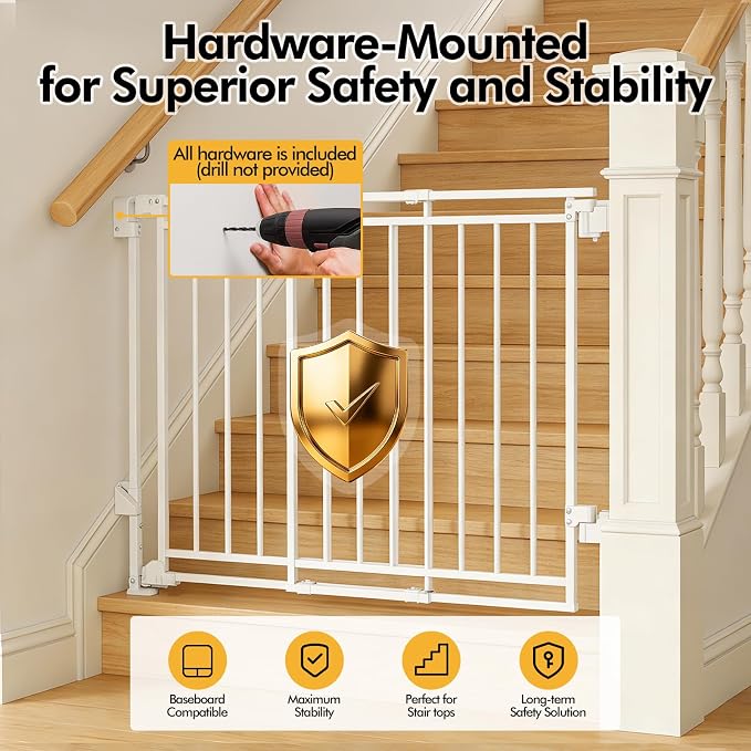 29" Tall Baby & Dog Gate,26-43" W Hardware Mount Gate,White | Auto-Close design,Two-Way Swing, No Bottom Bar,Must Drill to Install