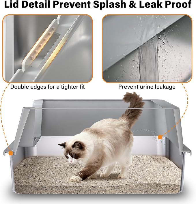 Stainless Steel Litter Box XL-Large High Sided Cat Litter Box | Metal Cat Litter Box with Lid and Scooper, Easy Clean, Non Stick & No Smell-23"x15"x10"