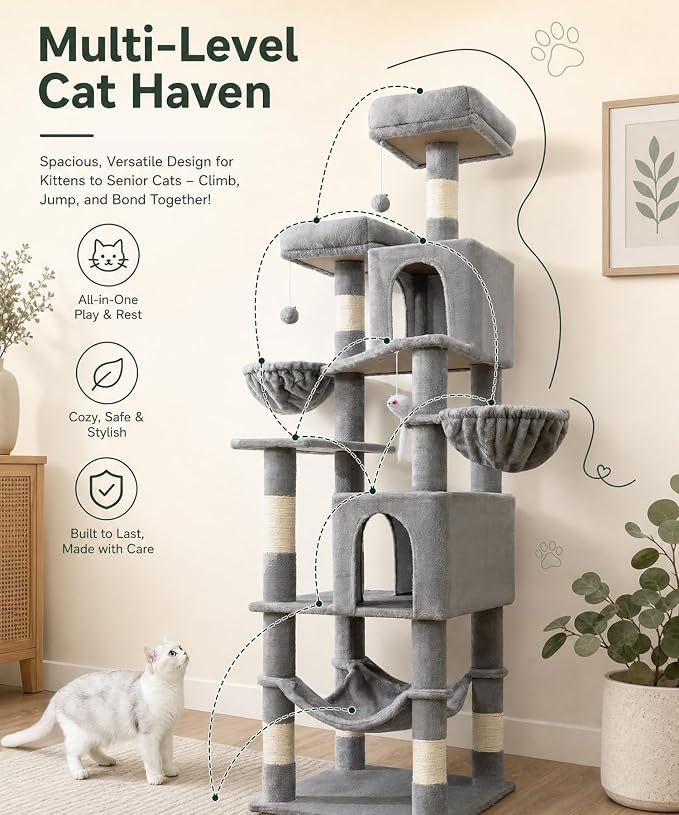 AMHANCIBLE 70 Inch Cat Tree for Large Cats, Multi-Level Cat Tower | Cat Houses & Tree Tower with 2 Condos, 8 Sisal Posts & Hammock for Indoor Cats Large Adult, Grey