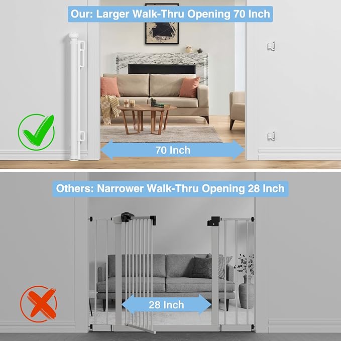 PRObebi Retractable Baby & Dog Gates | Extends to 72" Wide 34" Tall | White