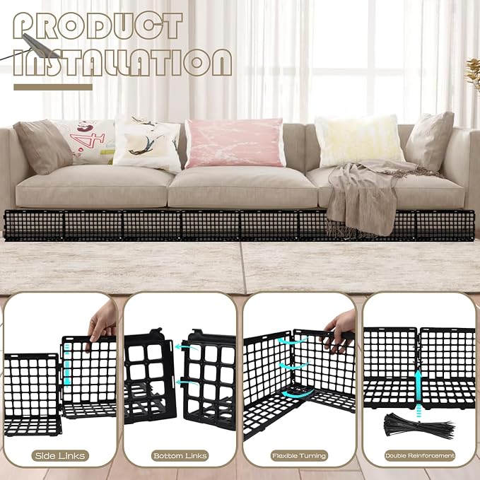12 Pcs Under Couch Blocker for Bed Adjustable Furniture Plastic | Under Bed Blocker with 30 Ties Black Couch Barriers for Dogs Pets Cats (Style 1)