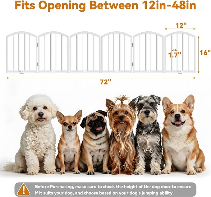 SNUOWU 16 Inch Full Metal Freestanding Short Dog Gate for Small Dogs, Foldable 6-Panel Pet Barrier, Expands Up to 72" Wide, Indoor Safety Fence for Doorway, Home & Stairs, White